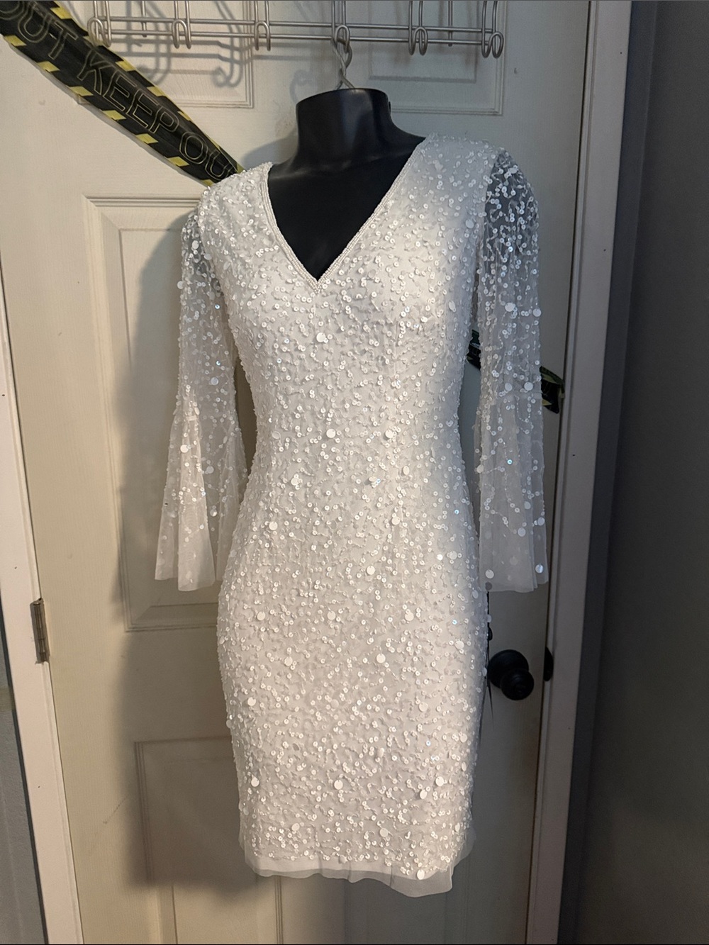 Adrianna Papell White Sequin V-Neck Sheer Bell Sleeve Dress